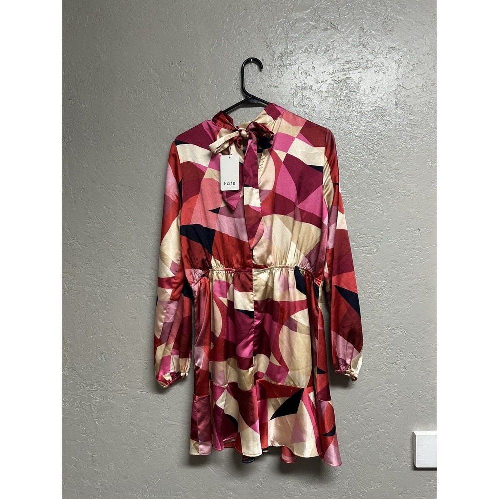 FATE Geometric Satin Neck Tie Long Sleeve Dress Size M NWT